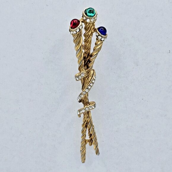 Vintage Gripoix Brooch Royal Scepter Ornamented Staff Red Green Blue Jeweled Pin - Picture 3 of 10